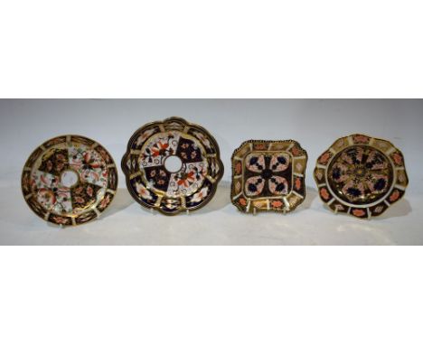 A Royal Crown Derby 1128 pattern shaped circular dish; a similar smaller dish; an 1128 pattern shaped square dish; an early 2