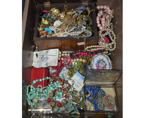 Costume Jewellery - necklaces, brooches, hat pins, vintage earrings, etc, some contained in an early 20th century wooden jewe