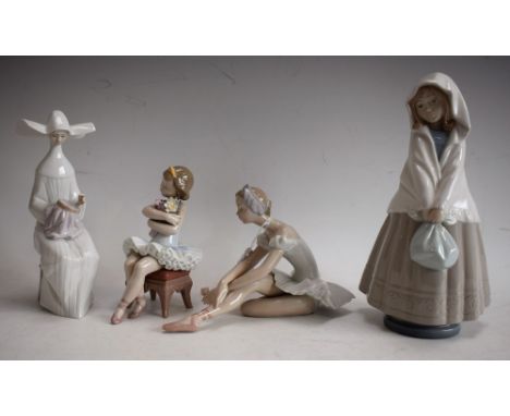 A Lladro figure, First Performance; others, Time To Sew and Rose Ballet; a Nao figure, Girl With Bundle (4)