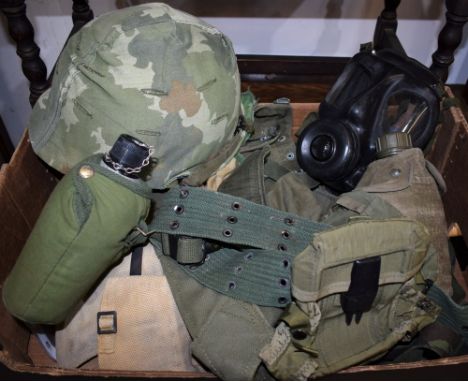 Militaria - United States Army - various kit and accessories, helmet, belts, American cloth badges, etc