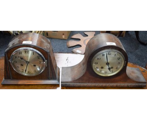 An early 20th century oak cased Napoleon hat mantel clock, Arabic numerals; another similar, Art Deco style (2)