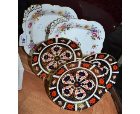 A pair of Royal Crown Derby Posies pattern footed acorn dishes, first quality; three 1128 pattern saucers, second quality (5)