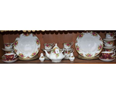 A Royal Albert Old Country Roses pattern part tea set, including teapot, dessert plates, side plates, cups and saucers, etc; 