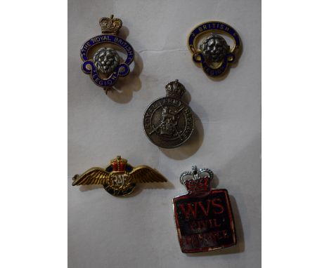 Badges and Medallions - a silver Royal Army Reserve badge; another, British Legion; RAF; WVS Civil Defence (5)