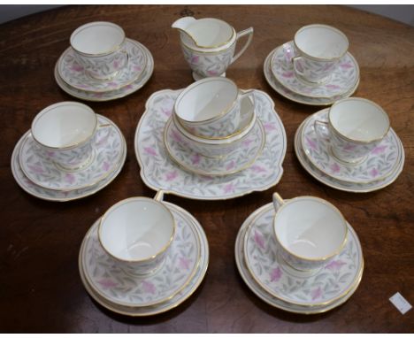 A Minton Petunia pattern tea set, for six, designed by John Wadsworth, issued 1951-1969, comprising bread and butter plate, m