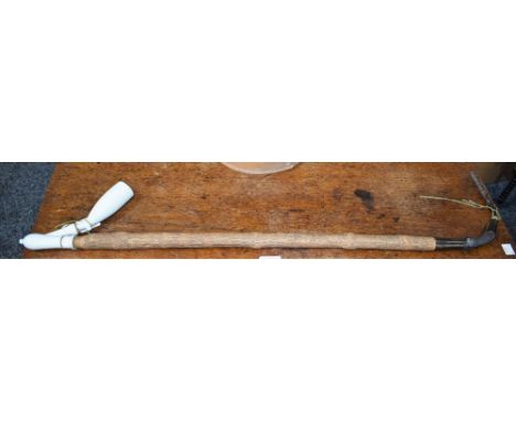 An unusually large German novelty porcelain and softwood hunter's pipe, monochrome bowl glazed in white, natural 'branch' sha