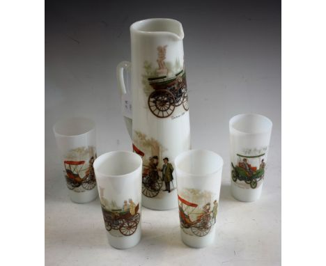 A five piece milk glass lemonade set, decorated with vintage cars, comprising tall jug and four glasses