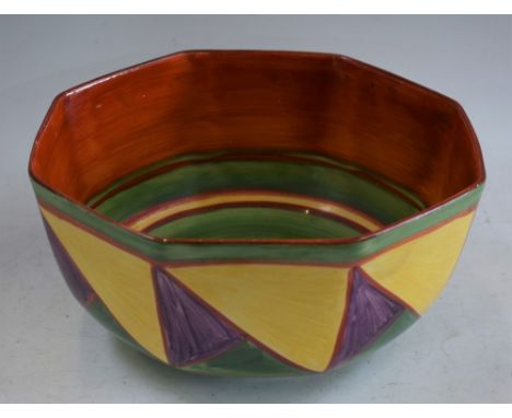 A Clarice Cliff Newport pottery octagonal bowl, geometric design in tones of orange, green, plum and yellow, approx 24.5cm di