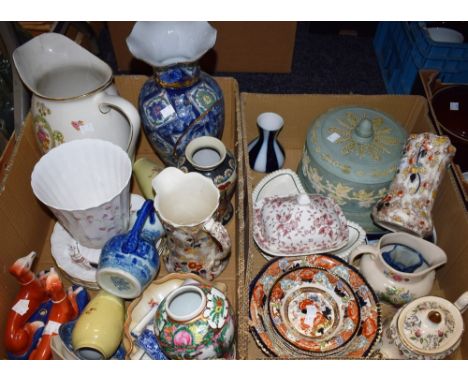 Ceramics - Wedgwood type cheese dome and stand; a pair of greyhound pen stands; Copeland Spode crescent dishes; Booths Fresia