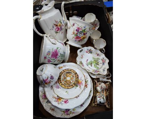 A Royal Crown Derby Posies pattern coffee pot, six coffee cups and saucers, assorted plates; a pair of Imari 2451 pattern tra