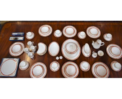 A Royal Worcester Beaufort pattern part dinner service comprising vegetable dish and cover, cake stand, meat plate, sauce boa