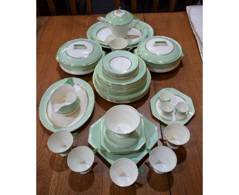 An Art Deco Palissy pattern tea and dinner service, green band, triangular handles, including dinner plates, salad plates, si