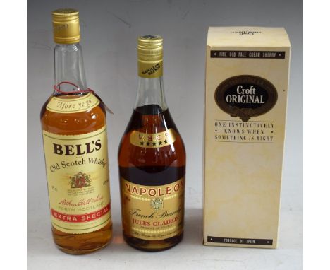 A bottle of Bell's Scotch Whisky, 75cl; a Napoleon VSOP 667ml brandy; a bottle of Croft Original cream sherry, boxed (3)