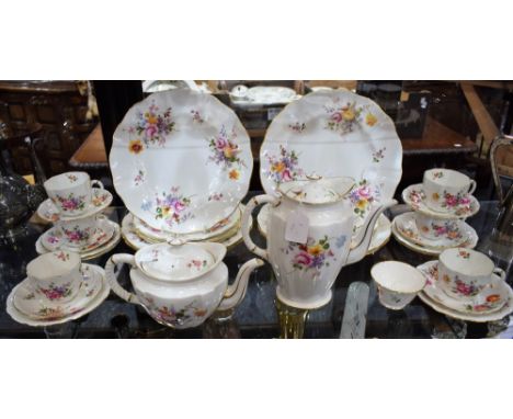 A Royal Crown Derby Posies pattern dinner and tea service, for six, including dinner and side plates, tea pot, coffee pot, cu