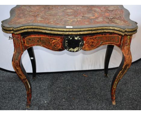 A Napoleon III Boulle marquetry serpentine card table, for restoration, 89cm wide