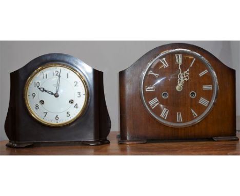 A Smiths Enfield Bakelite cased mantel clock, silvered dial, Arabic numerals, eight day movement; another, oak cased (2)