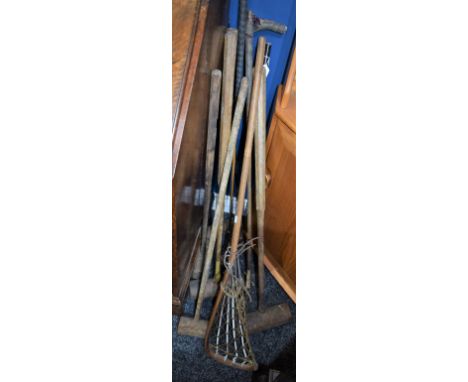 Sporting Interest - a vintage hickory shafted iron golf club; others, woods, croquet mallets, lacrosse stick (10)