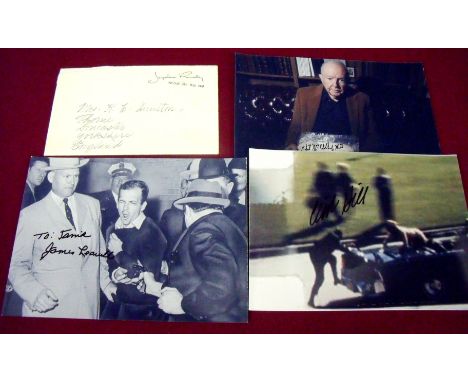 A collection of JFK related memorabilia including Mrs John F Kennedy headed envelope and three photographic prints signed by 