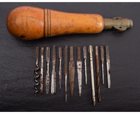 An early 20th boxwood handle multi tool stamped 'W Preston', the handle containing ten various  bits and two other later bits