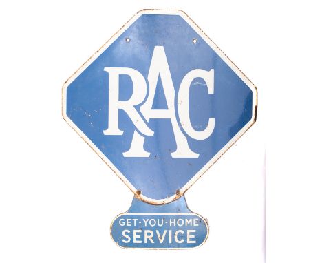 A  RAC double-sided blue enamel sign, 'Get-You-Home Service' sign attached to the bottom, 67cm x 56cm. 