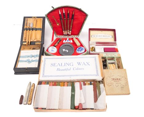 A leather cased calligraphy set, together with a Chinese calligraphy set, a sealing wax set and a collection of sealing waxes