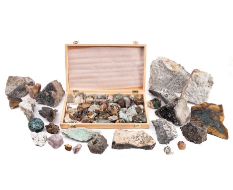 A collection of various mineral and rock samples.