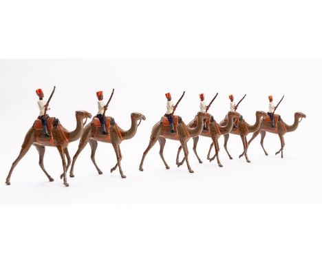 Britains toy soldiers, set 48, Camel Corps of the Egyptian Army, 6 mounted figures (one head loose),gold on black label, red 