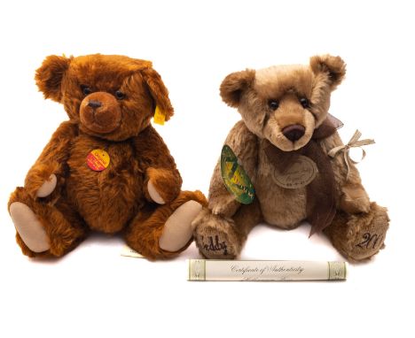 A Steiff  brown mohair Teddy Bear 33, 32cm high, together with an Aurora 'Millennium' Teddy number 'GG-IE-47' 38cm high (2)
