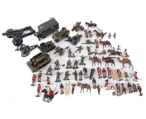 MILITARY. Britains lead and plastic soldiers and other figures, Britains army truck, two Dinky vehicles, and other items (qty