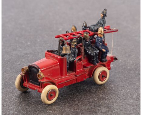 JOHILLCO. A miniature fire engine, red painted fire with bell, ladder and complete with 6 firemen (and one extra repainted), 