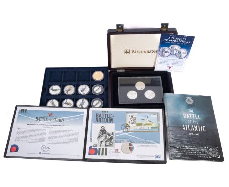 Douglas Bader Silver proof £5 coin, A Tribute to the Armed Services £5 silver coin set, Battle of Britain coins.