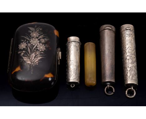 Three silver cheroot holder cases, various makers and dates, one with horn holder, together with an Edwardian lady's silver i