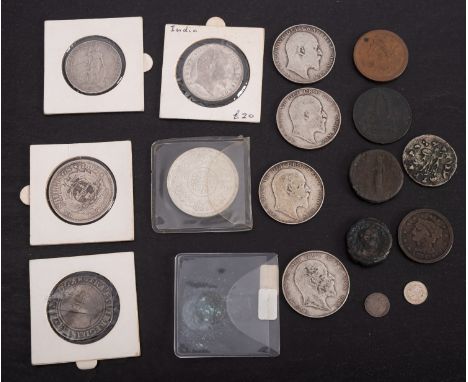 Edward VII halfcrowns 1904,09, a 1910 florin, with a 1904 Indian rupee, 1892 half crown, Edward VI shilling, with 1853 and 18
