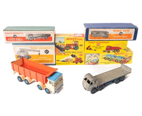 DINKY. Commercials, 925 Leyland Dump Truck With Tilt Cab; 185 Horse Box, boxed; 936 Leyland 8-Wheeled Chassis, boxed; 959 Fod