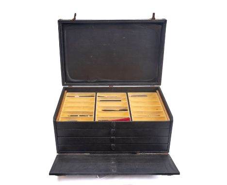 A collection of various fountain pens, propelling pencils and calligraphy  accessories in a four drawer collectors case, main