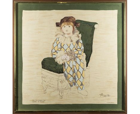After Pablo Picasso (1881-1973).A framed silk scarf 'Paul En Arlequin. Tableau de Picasso' by Sadem, Paris, 86x87cm
