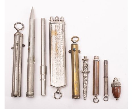 A collection of various propelling pencils, comprising one in the form of an acorn, a continental  examples in a sword style 