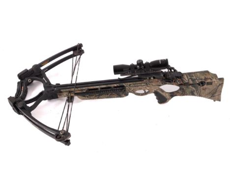 A Barnett 'Ghost 350' compound crossbow,  with camouflage composition stock and crank wind handle, sight, 92cm long.