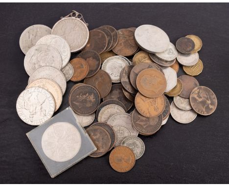 A Tin of coins, including Victorian Golden Jubilee silver medal.