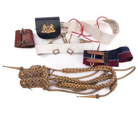 A set of Royal Household Cavalry aiguillettes, together with a white leather stable belt with ammunition pouch, one other sta