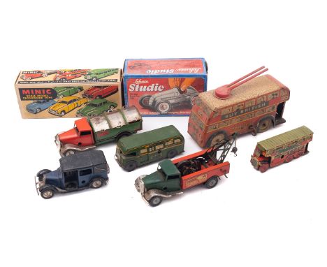 TINPLATE & CLOCKWORK. Minic: refuse truck, taxi, breakdown truck and mechanical horse & pantechnicon, the last boxed; Schuco,