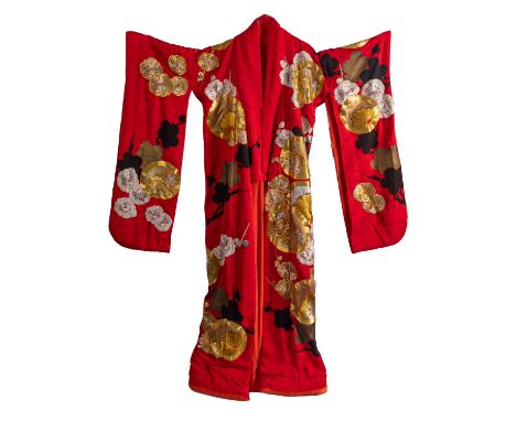 A Japanese mans' kimono, in red with gold and silver floral embroidery.