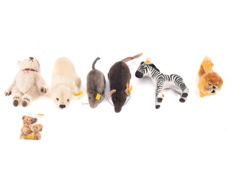 A group of six Steiff animals, comprising a rat, mouse , zebra, polar bear, dog and Teddy bear (6)  