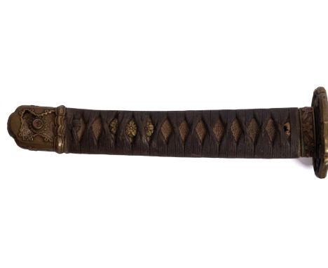 A Japanese katana. the single edge blade with brass habaki over gilt  brass tsuba and cird bound grip with gilt floral menuki