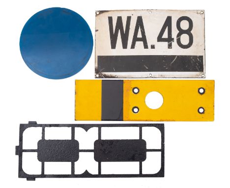 A small yellow and black signal arm, together with a blue spectacle, an enamel marker sign and an iron grate (4)