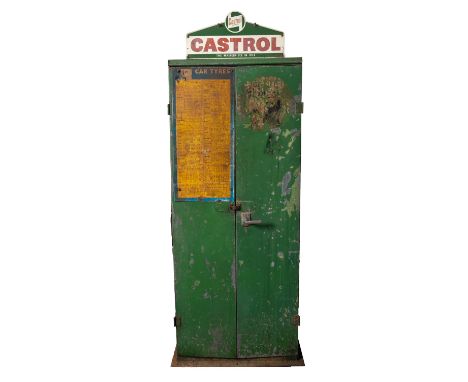 A mid-20th century Castrol Oil  garage fore court metal storage cabinet, with 'Castrol Oil. The Masterpiece In Oils' pediment