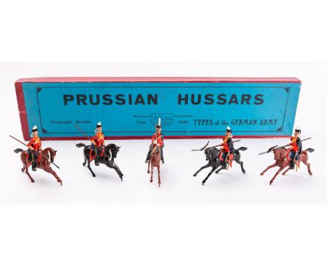 Britains toy soldiers, set 153, Prussian Hussars: Types of the German Army, 5 mounted figures, printers type box