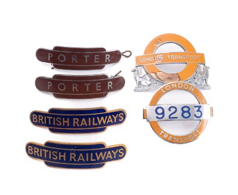 Four BR enamel caps badges, two BR(W) 'Porter', by J Gaunt , London, and two 'London Transport' cap badges (6)