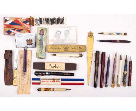 A collection of Royal Commemorative fountain pens ,propelling pencils and  related items, comprising a George V Malvern blue 