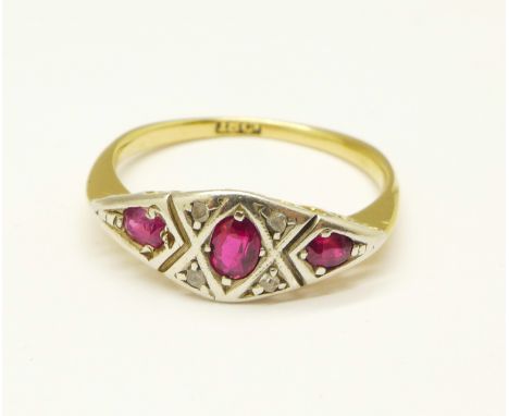 An 18ct gold, ruby and diamond ring, 1.8g, L 